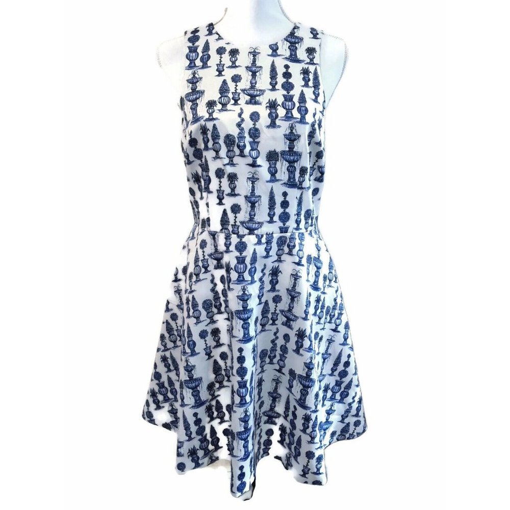 Womens Dress H&M Size 10 Fit & Flare Sleeveless Botanical Blue White Lined